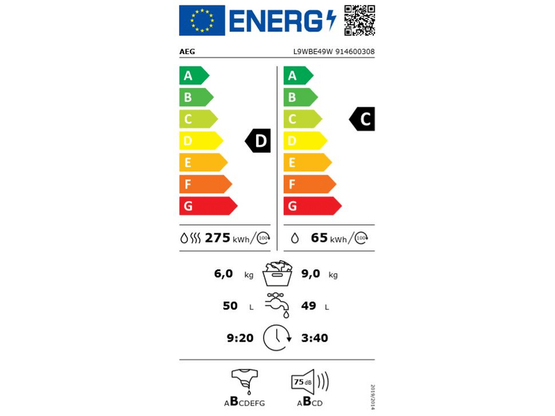 AEG L9WBE49W Ökokombi hőszivattyús mosó-szárítógép, gőzprogram, 9/6 kg, 1400 f/p., LCD kijelző
