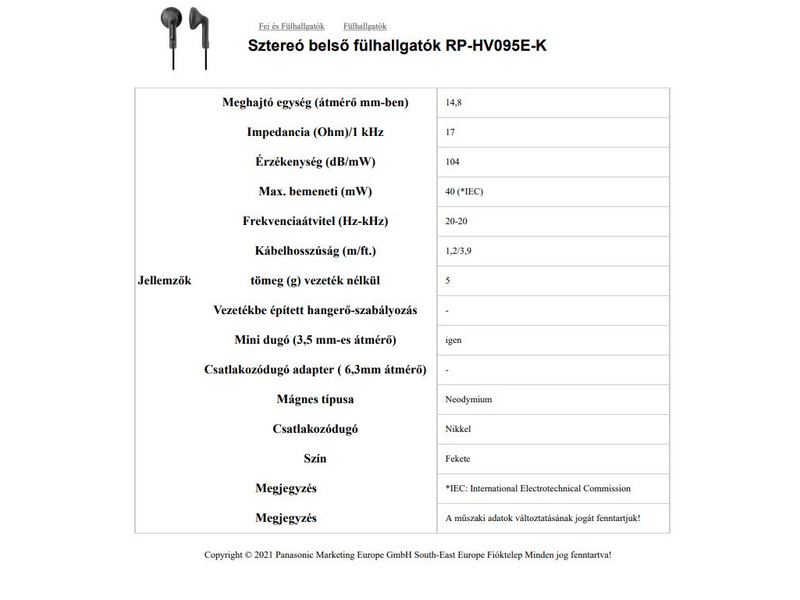 Panasonic RP-HV095E-K Fülhallgató, Fekete