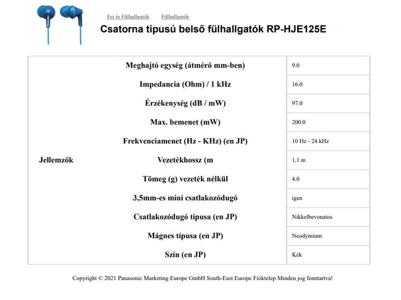 Panasonic RP-HJE125E-D Fülhallgató, narancssárga