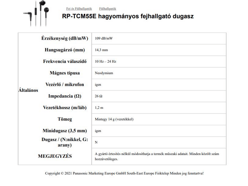 Panasonic RP-TCM55E-W Vezetékes fülhallgató Fehér