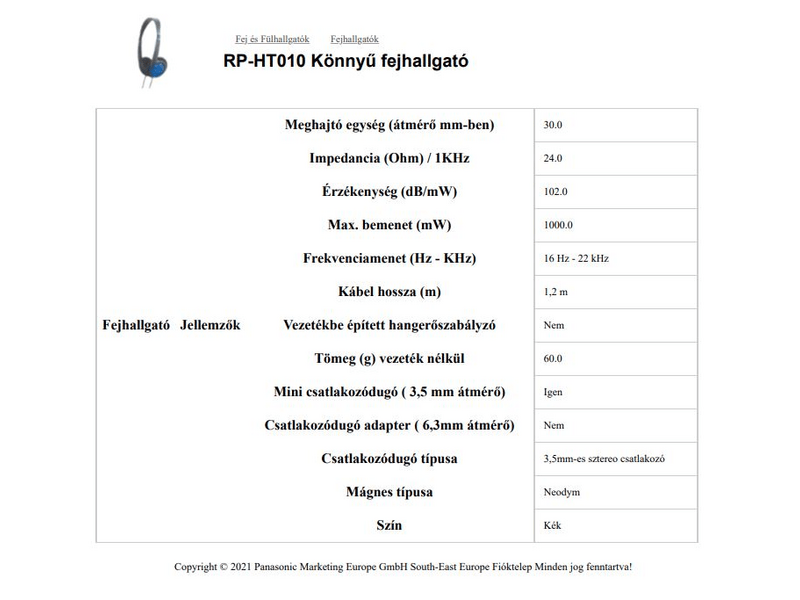 Panasonic RP-HT010E-H, Fejhallgató szürke
