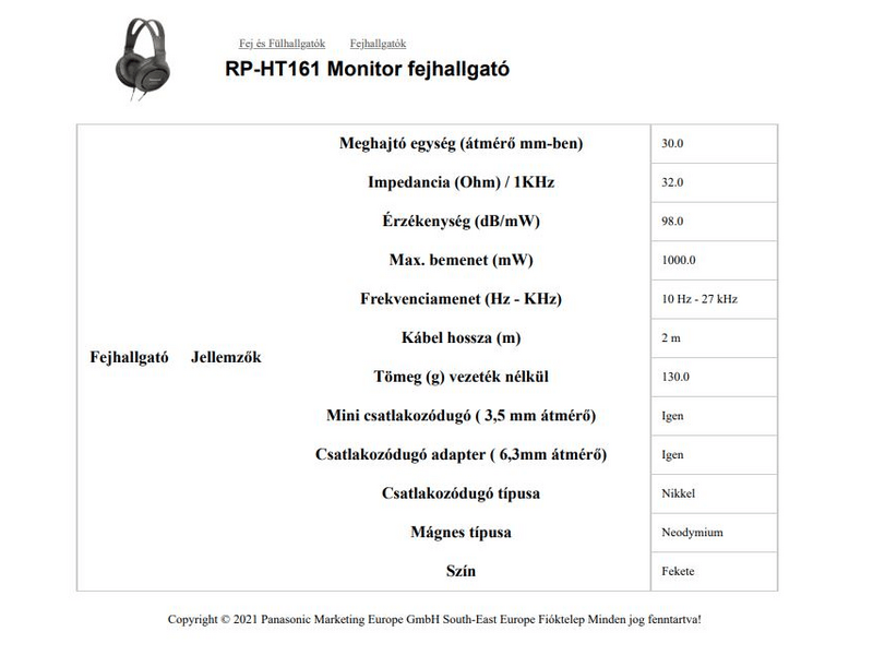 Panasonic RP-HT010E-H, Fejhallgató szürke