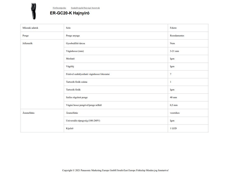 Panasonic ER-GC20-K503 Hajvágó