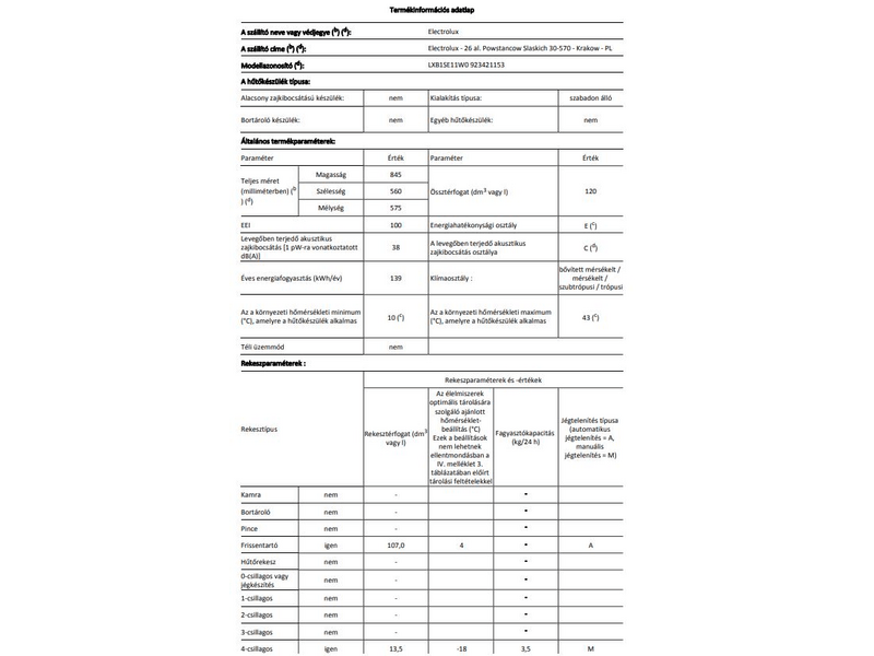 Electrolux LXB1SE11W0 Hűtőszekrény, 85 cm