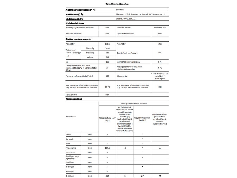 Electrolux LTB1AE24U0 Felülfagyasztós kombinált hűtőszekrény