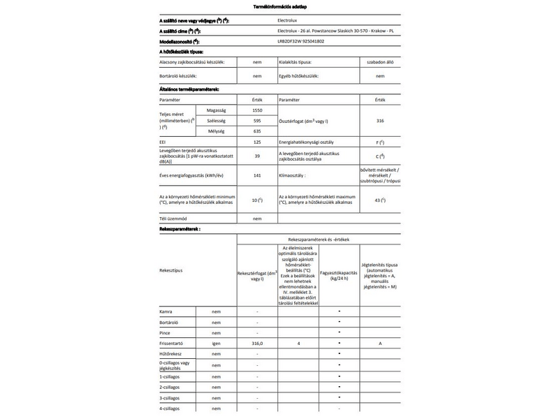Electrolux LRB2DF32W Egyajtós hűtőszekrény