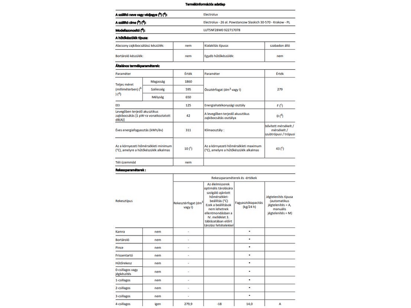 Electrolux LUT5NF28W0 Fagyasztószekrény, 280 l, 5 fiók + 2 rekesz