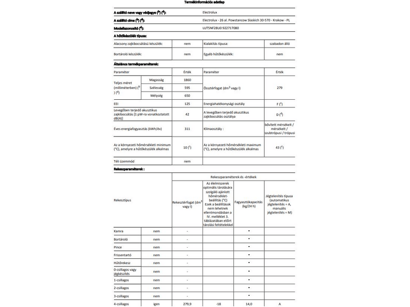 Electrolux LUT5NF28U0 Fagyasztószekrény
