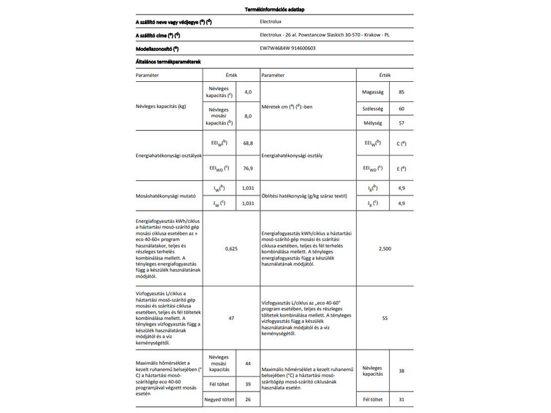 Electrolux EW7W4684W Mosó-szárítógép, 8/4 kg, 1600 f/p, gőzprogram