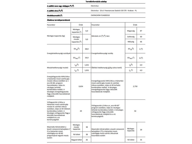 Electrolux EW9W249W Hőszivattyús mosó-szárítógép, gőzprogram, 9/6 kg, 1400 f/p., LCD kijelző
