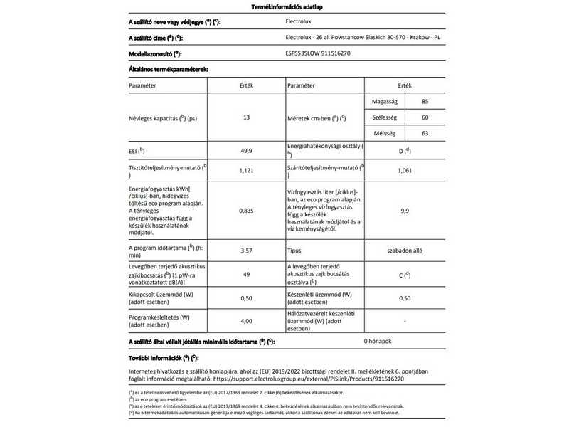 Electrolux ESF5535LOW Mosogatógép, 13 teríték, AirDry, 6 program