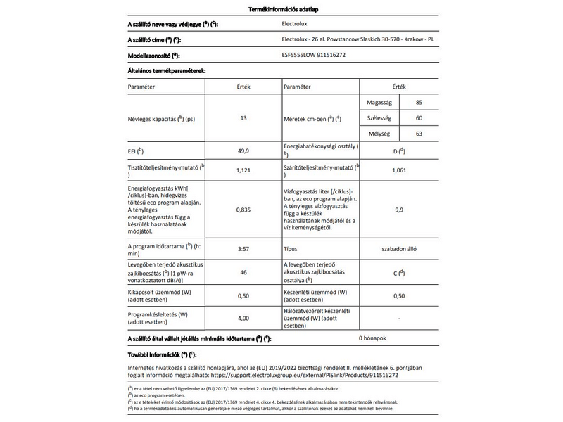 Electrolux ESF5555LOW Mosogatógép, 13 teríték, AirDry, 6 program