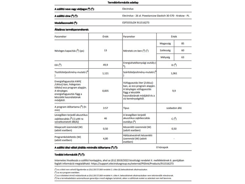 Electrolux ESF5555LOX Mosogatógép, 13 teríték, AirDry, 6 program