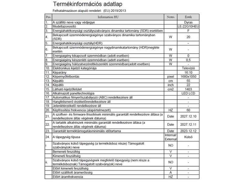 Dyras LE-22G10HEU 22” TV/ Monitor