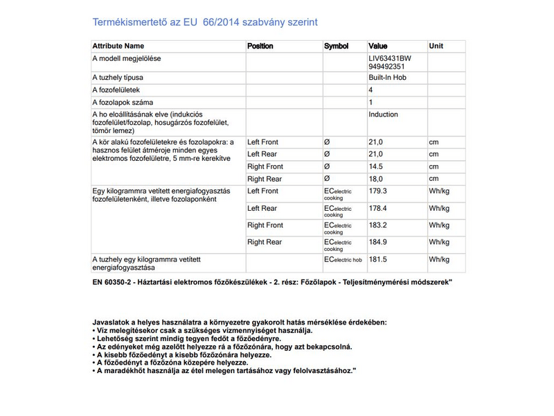 Electrolux LIV63431BW Beépíthető indukciós főzőlap