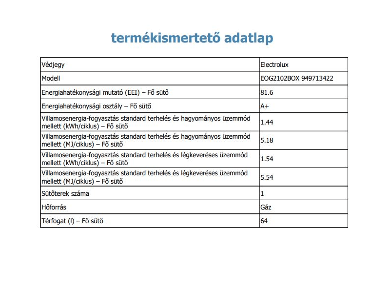 Electrolux EOG2102BOX Beépíthető gázsütő, grill funkció