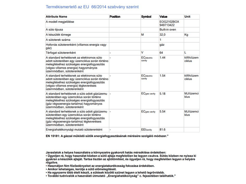Electrolux EOG2102BOX Beépíthető gázsütő, grill funkció