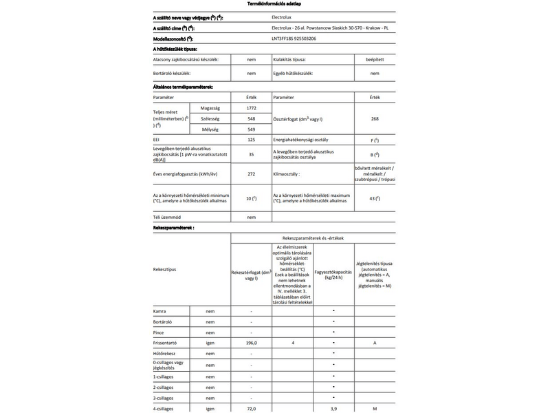 Electrolux LNT3FF18S Beépíthető kombinált hűtőszekrény