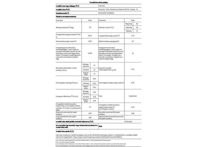 Electrolux EW7F447WI Beépíthető gőzmosógép, 7 kg, 1400 f/p., LED kijelző