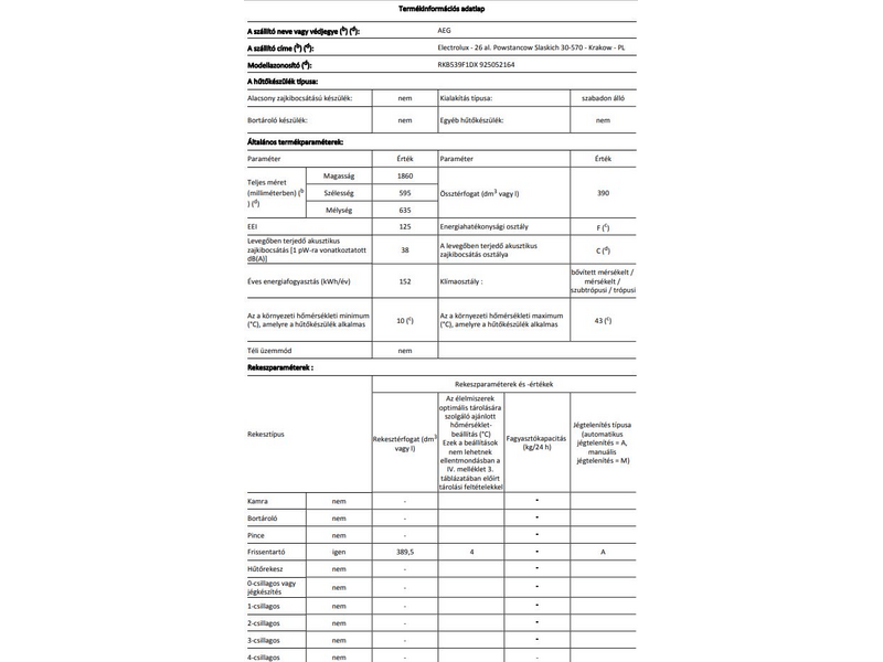 AEG RKB539F1DX Hűtőszekrény, 185 cm