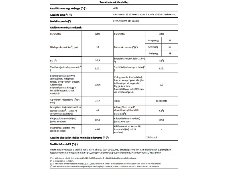 AEG FEB52600ZM Beépíthető mosogatógép, 13 teríték, AirDry, 5 program