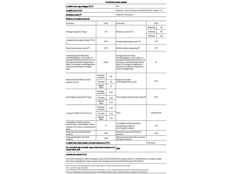 AEG LTX6G271E Felültöltős mosógép, 7 kg, 1200 f/p. LCD kijelző