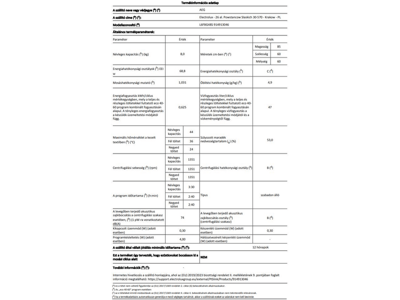 AEG L6FBG48S Elöltöltős mosógép, 8 kg, 1400 f/p, ökoinverter motor
