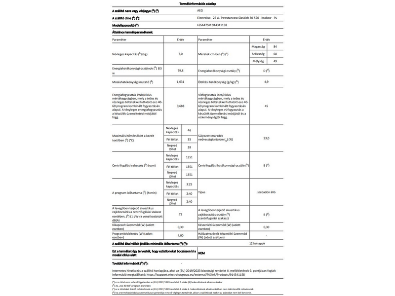 AEG L6SA47SM Keskeny elöltöltős mosógép, 7 kg, 1400 f/p, inverter motor