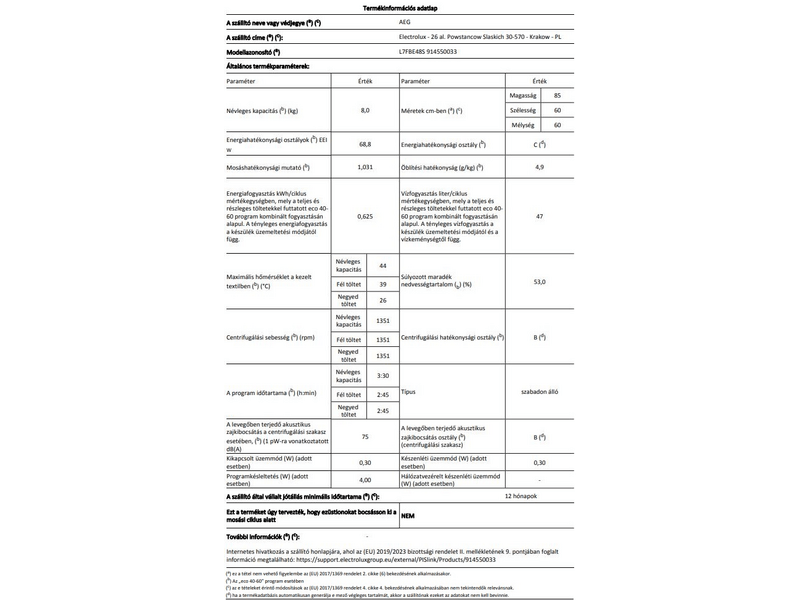 AEG L7FBE48S Elöltöltős mosógép, 8 kg, 1400 f/p, gőzfunkció