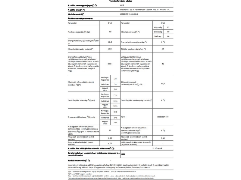 AEG L7FEE49S Elöltöltős mosógép, 9 kg, 1400 f/p., ökoinverter motor, gőzfunkció, LCD kijelző