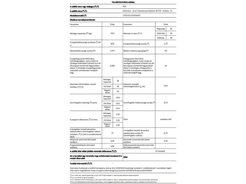 AEG L7FEC41S Elöltöltős mosógép, 10 kg, 1400 f/p, ökoinverter motor, gőzfunkció