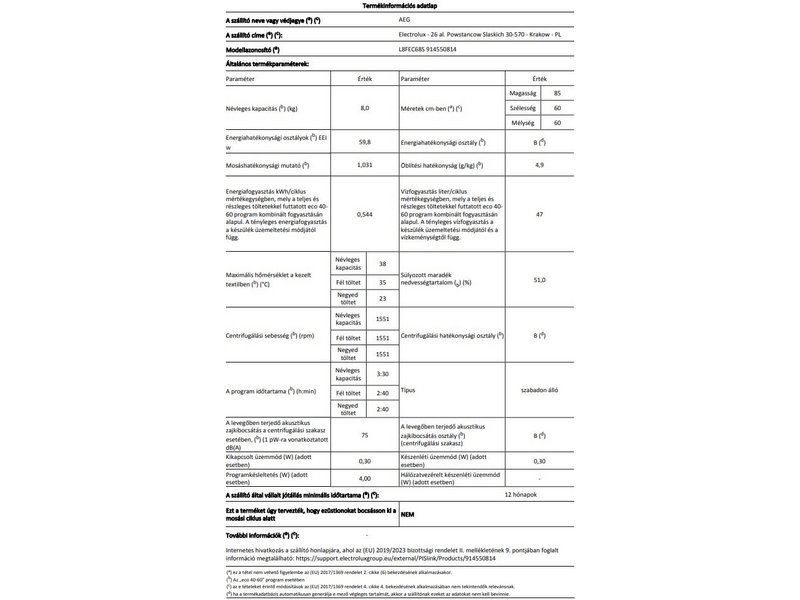 AEG L8FEC68S Ökomix elöltöltős mosógép, 8 kg, 1600 f/p, gőzfunkció