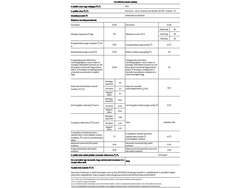 AEG L8FBC69SA AutoDose elöltöltős mosógép, 9 kg, 1600 f/p