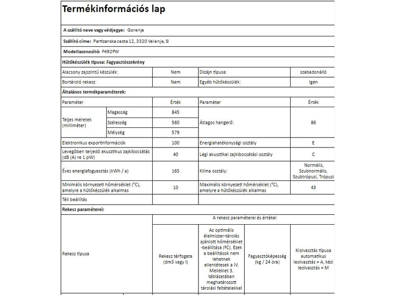 Gorenje F492PW Fagyasztószekrény
