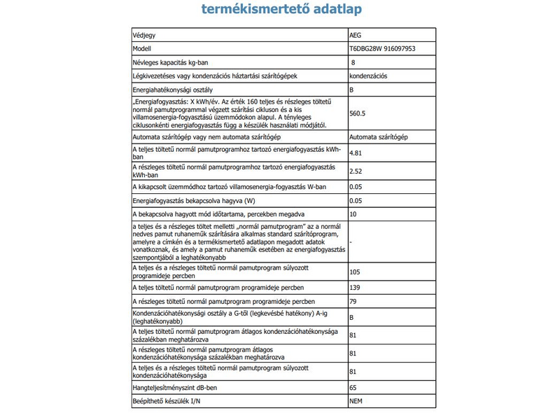 AEG T6DBG28W Kondenzációs szárítógép, 8 kg, inverter motor, LCD kijelző, B