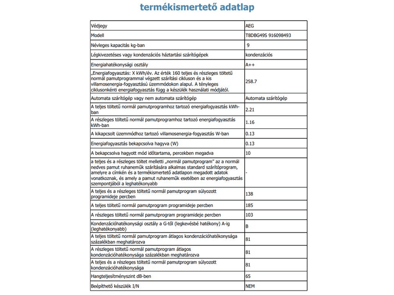 AEG T8DBG49S Hőszivattyús szárítógép, 9 kg, inverter motor, LCD kijelző