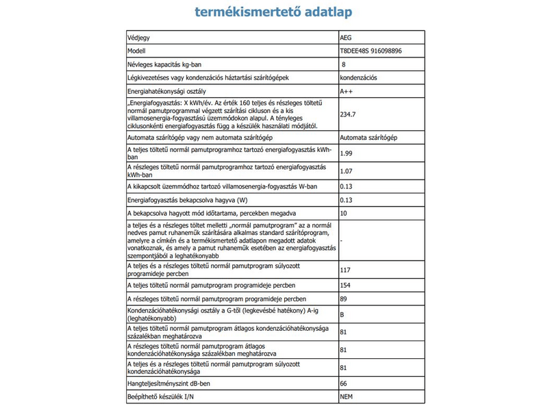 AEG T8DEE48S Hőszivattyús szárítógép, 8 kg, inverter motor, LCD kijelző