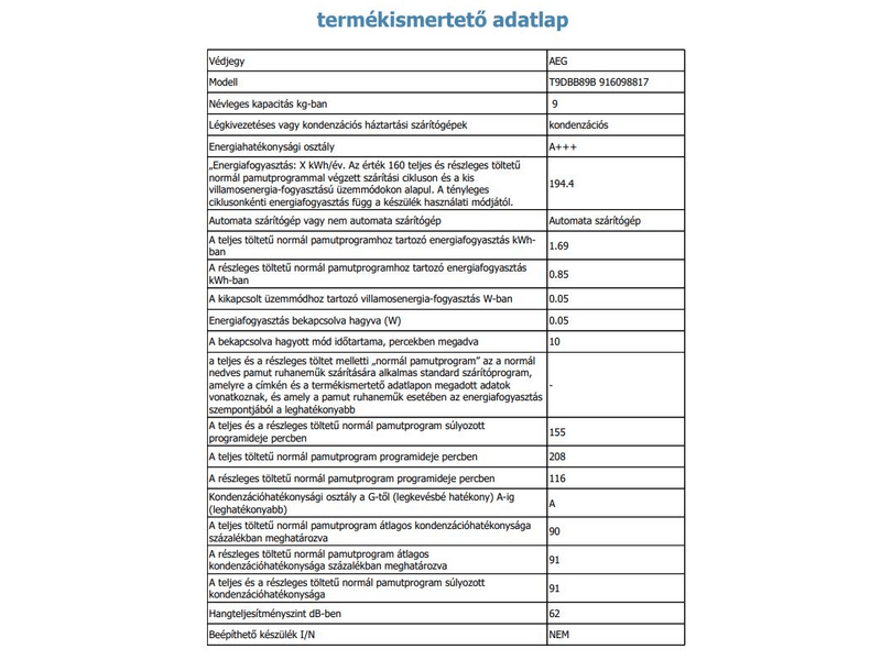 AEG T9DBB89B Hőszivattyús szárítógép, 9 kg, 3DScan, WIFI, inverter motor