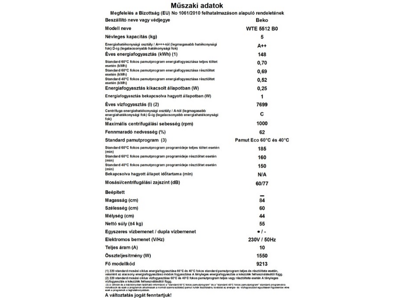 BEKO WTE 5512 B0 Elöltöltős mosógép