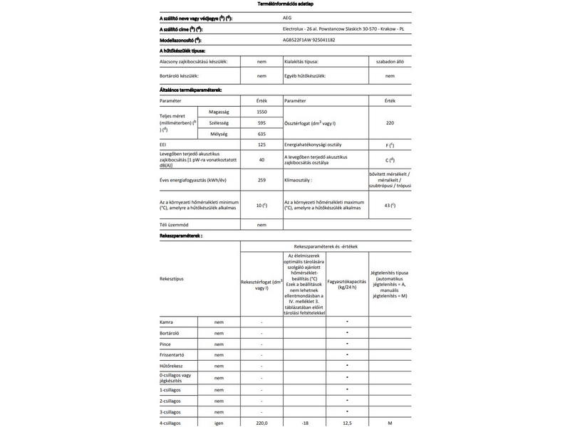 AEG AGB522F1AW Fagyasztószekrény, 194 l