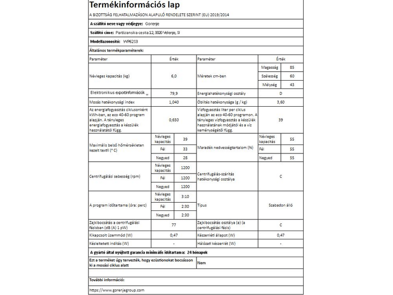 GORENJE WP62S3 Elöltöltős mosógép