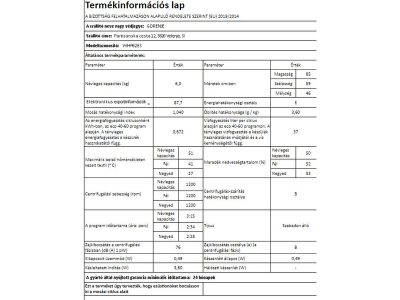 Gorenje WHP62ES Elöltöltős mosógép