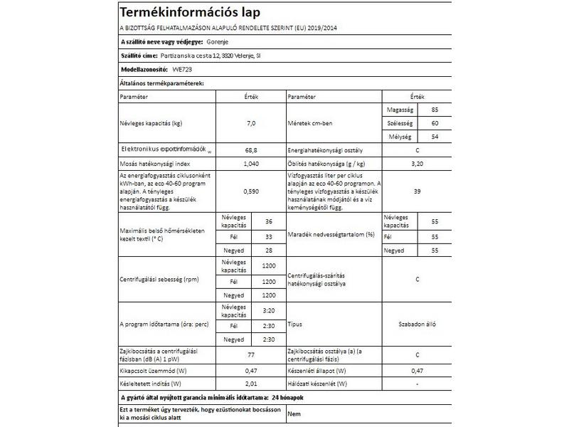 GORENJE WE723 Előltöltős mosógép