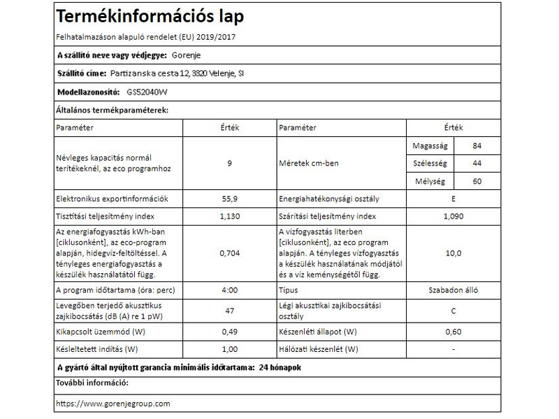 Gorenje GS52040W Szabadonálló mosogatógép