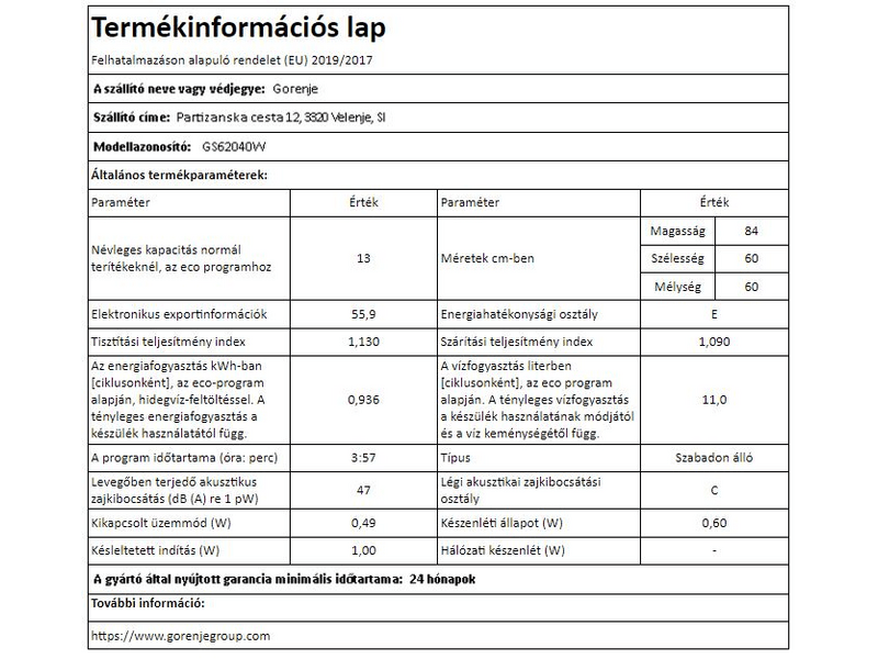 Gorenje GS62040W Mosogatógép