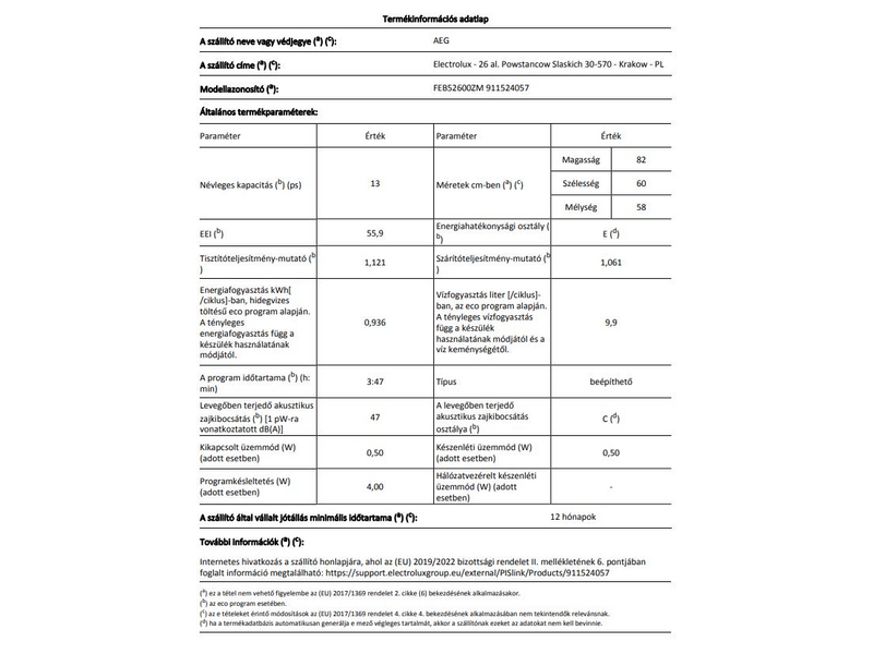 AEG FEB52600ZM Beépíthető mosogatógép, 13 teríték, AirDry, 5 program