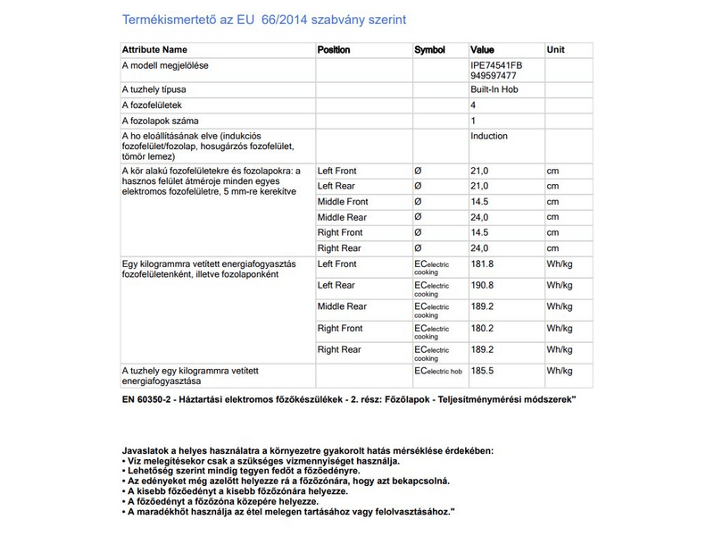 AEG IPE74541FB Beépíthető indukciós főzőlap, Hob2Hood, 70 cm