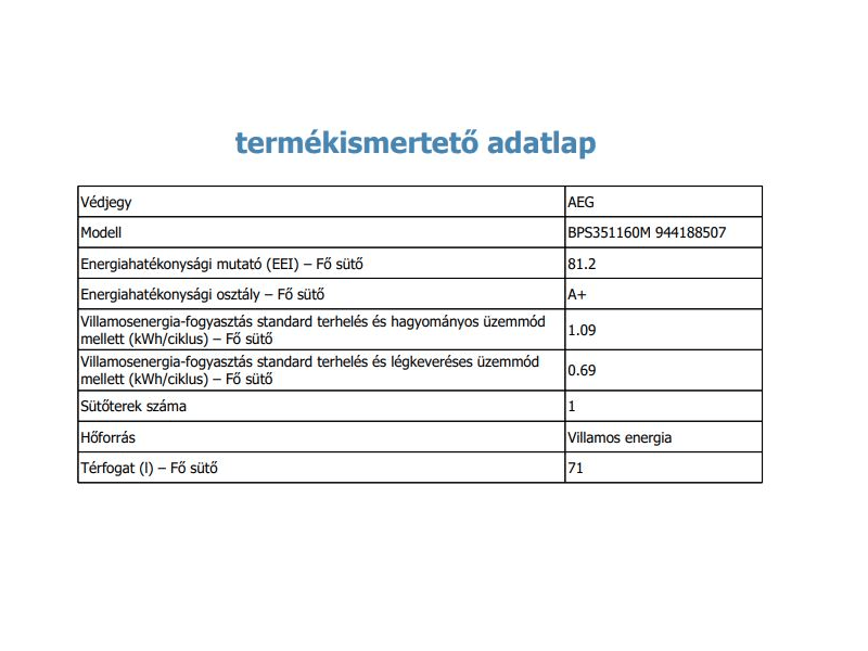 AEG BPS351160M Beépíthető sütő