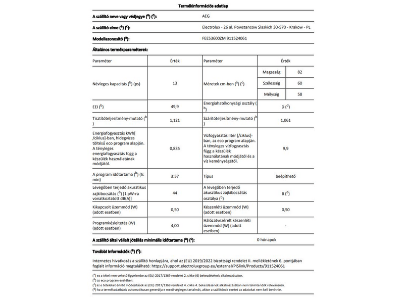 AEG FEE53600ZM Beépíthető mosogatógép, 13 teríték, AirDry, 5 program