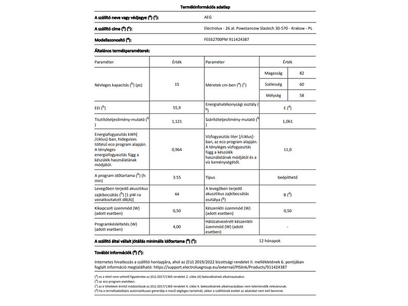 AEG FEE62700PM Beépíthető mosogatógép, 15 teríték, AirDry, 6 program